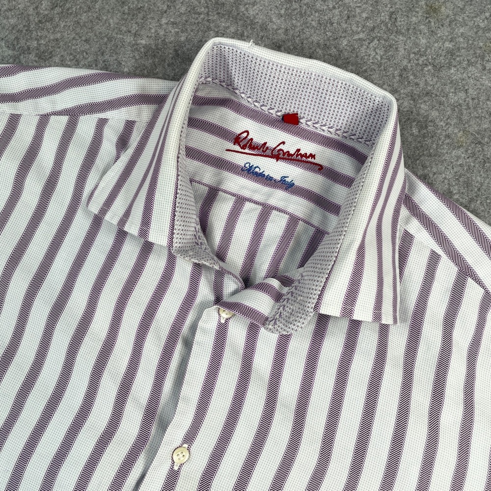 Robert Graham Mens Button Down Shirt XL Purple White Striped Herringbone Luxury